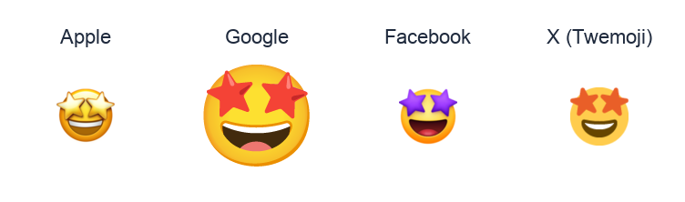 Grinning Face With Star Eyes emoji artwork compared side by side for Apple, Google Noto, Facebook, and X Twemoji styles on white.