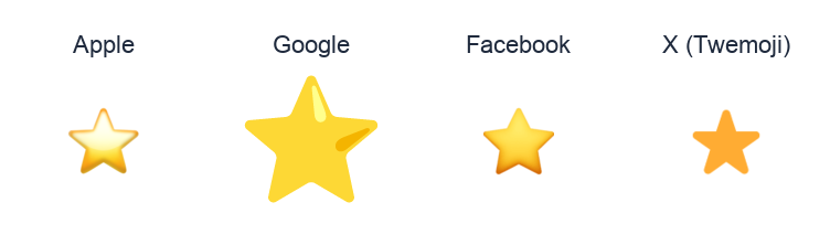 White Medium Star emoji artwork compared side by side for Apple, Google Noto, Facebook, and X Twemoji styles on white.