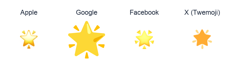 Glowing Star emoji artwork compared side by side for Apple, Google Noto, Facebook, and X Twemoji styles on white.