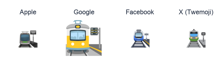 Station emoji artwork compared side by side for Apple, Google Noto, Facebook, and X Twemoji styles on white.