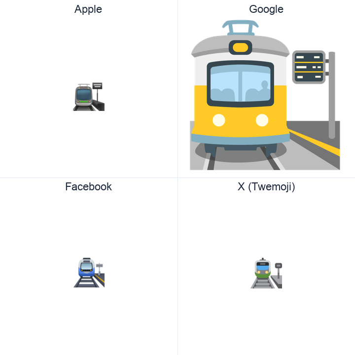 Station emoji in a square grid: Apple and Google on the top row, Facebook and X Twemoji on the bottom, on white.