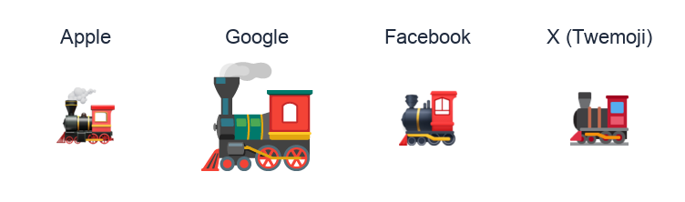 Steam Locomotive emoji artwork compared side by side for Apple, Google Noto, Facebook, and X Twemoji styles on white.