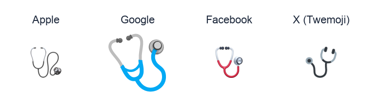 Stethoscope emoji artwork compared side by side for Apple, Google Noto, Facebook, and X Twemoji styles on white.