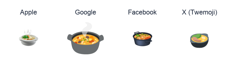Pot Of Food emoji artwork compared side by side for Apple, Google Noto, Facebook, and X Twemoji styles on white.