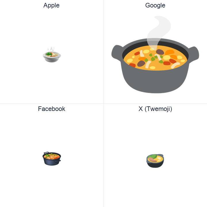 Pot Of Food emoji in a square grid: Apple and Google on the top row, Facebook and X Twemoji on the bottom, on white.