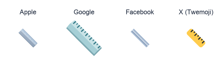 Straight Ruler emoji artwork compared side by side for Apple, Google Noto, Facebook, and X Twemoji styles on white.