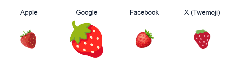 Strawberry emoji artwork compared side by side for Apple, Google Noto, Facebook, and X Twemoji styles on white.