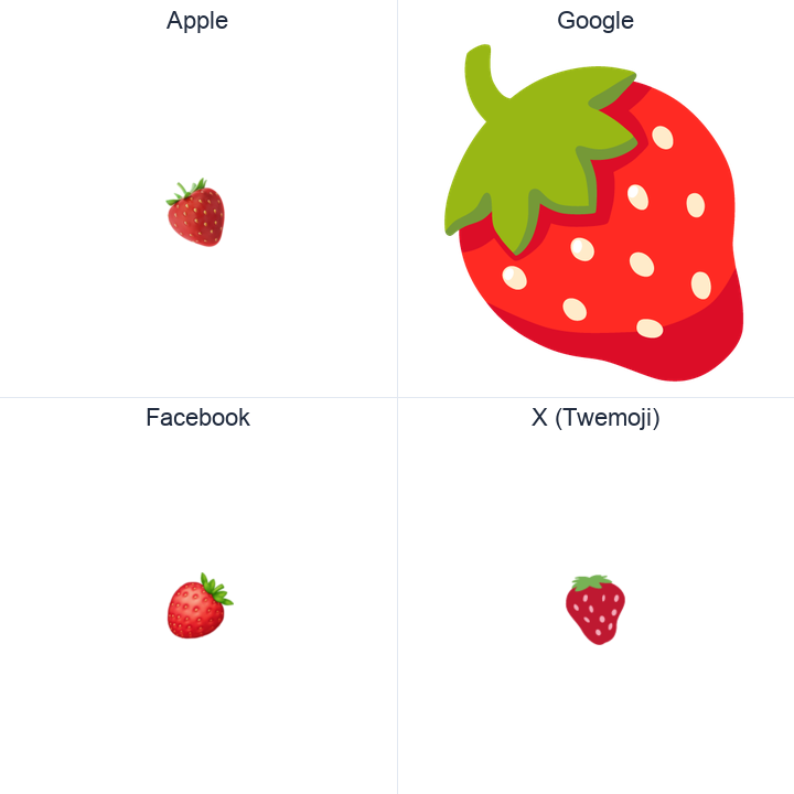 Strawberry emoji in a square grid: Apple and Google on the top row, Facebook and X Twemoji on the bottom, on white.