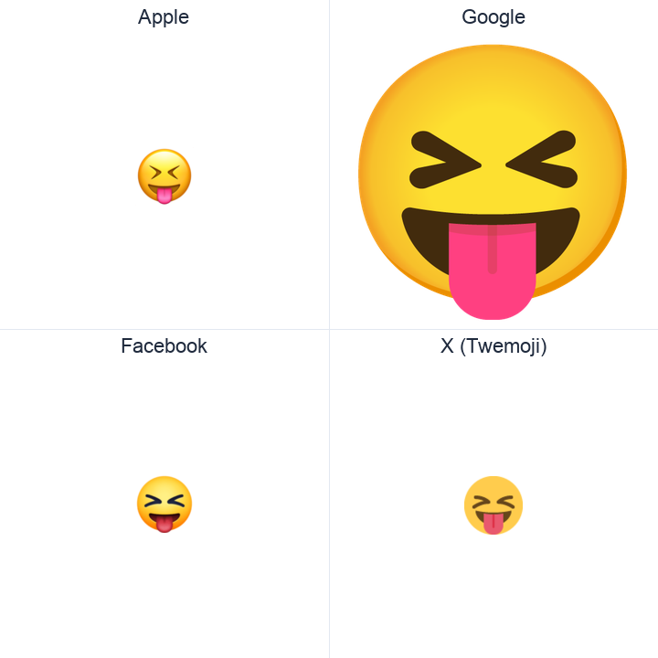 Face With Stuck-Out Tongue And Tightly-Closed Eyes emoji in a square grid: Apple and Google on the top row, Facebook and X Twemoji on the bottom, on white.