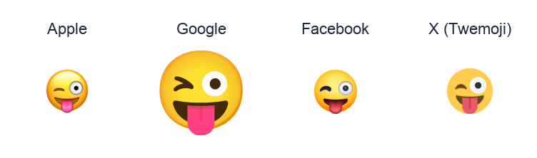 Face With Stuck-Out Tongue And Winking Eye emoji artwork compared side by side for Apple, Google Noto, Facebook, and X Twemoji styles on white.