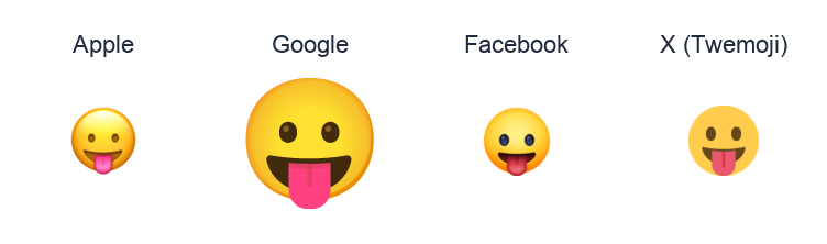 Face With Stuck-Out Tongue emoji artwork compared side by side for Apple, Google Noto, Facebook, and X Twemoji styles on white.