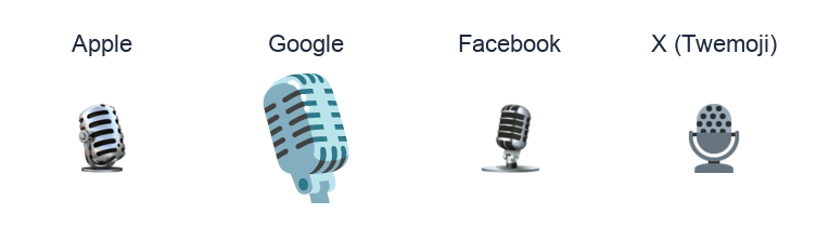 Studio Microphone emoji artwork compared side by side for Apple, Google Noto, Facebook, and X Twemoji styles on white.