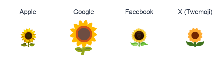 Sunflower emoji artwork compared side by side for Apple, Google Noto, Facebook, and X Twemoji styles on white.