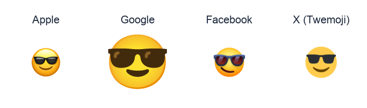 Smiling Face With Sunglasses emoji artwork compared side by side for Apple, Google Noto, Facebook, and X Twemoji styles on white.