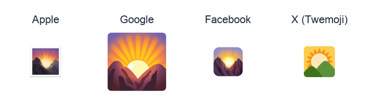 Sunrise Over Mountains emoji artwork compared side by side for Apple, Google Noto, Facebook, and X Twemoji styles on white.