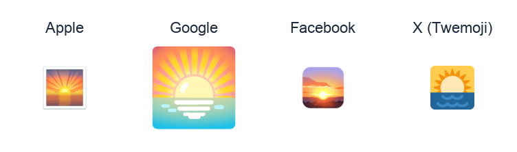 Sunrise emoji artwork compared side by side for Apple, Google Noto, Facebook, and X Twemoji styles on white.
