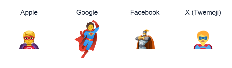 Superhero emoji artwork compared side by side for Apple, Google Noto, Facebook, and X Twemoji styles on white.