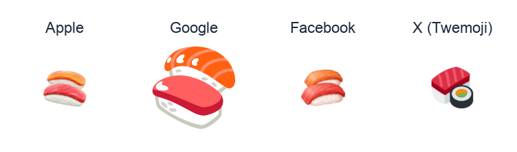 Sushi emoji artwork compared side by side for Apple, Google Noto, Facebook, and X Twemoji styles on white.