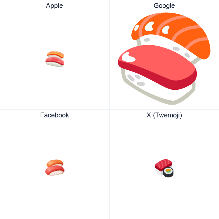 Sushi emoji in a square grid: Apple and Google on the top row, Facebook and X Twemoji on the bottom, on white.