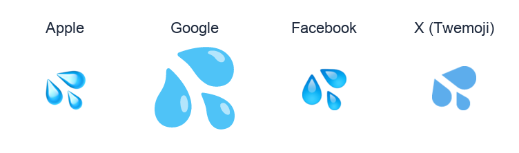 Splashing Sweat Symbol emoji artwork compared side by side for Apple, Google Noto, Facebook, and X Twemoji styles on white.