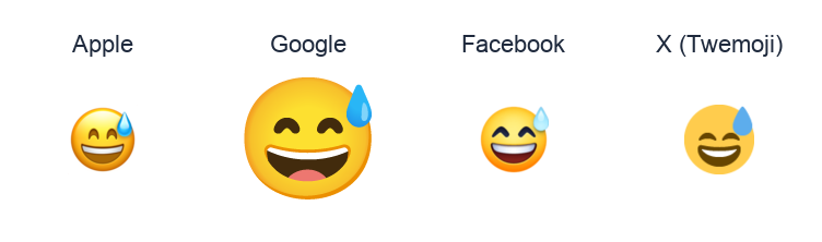 Smiling Face With Open Mouth And Cold Sweat emoji artwork compared side by side for Apple, Google Noto, Facebook, and X Twemoji styles on white.