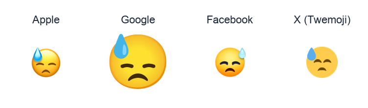 Face With Cold Sweat emoji artwork compared side by side for Apple, Google Noto, Facebook, and X Twemoji styles on white.