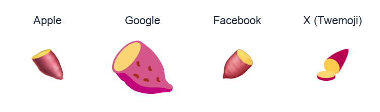 Roasted Sweet Potato emoji artwork compared side by side for Apple, Google Noto, Facebook, and X Twemoji styles on white.
