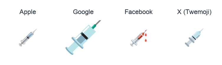Syringe emoji artwork compared side by side for Apple, Google Noto, Facebook, and X Twemoji styles on white.