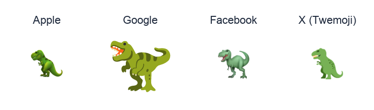 T-Rex emoji artwork compared side by side for Apple, Google Noto, Facebook, and X Twemoji styles on white.