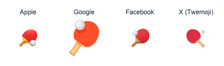 Table Tennis Paddle And Ball emoji artwork compared side by side for Apple, Google Noto, Facebook, and X Twemoji styles on white.