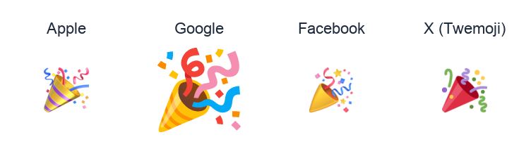 Party Popper emoji artwork compared side by side for Apple, Google Noto, Facebook, and X Twemoji styles on white.