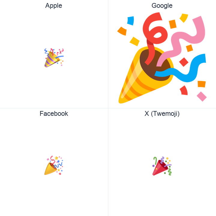 Party Popper emoji in a square grid: Apple and Google on the top row, Facebook and X Twemoji on the bottom, on white.