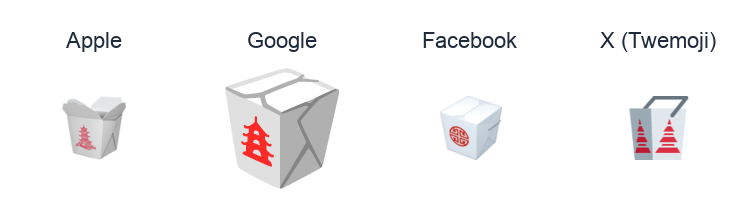 Takeout Box emoji artwork compared side by side for Apple, Google Noto, Facebook, and X Twemoji styles on white.