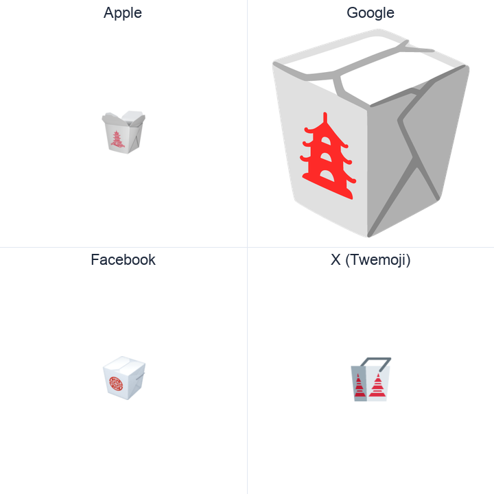 Takeout Box emoji in a square grid: Apple and Google on the top row, Facebook and X Twemoji on the bottom, on white.