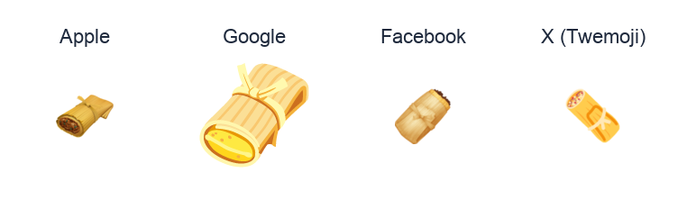 Tamale emoji artwork compared side by side for Apple, Google Noto, Facebook, and X Twemoji styles on white.