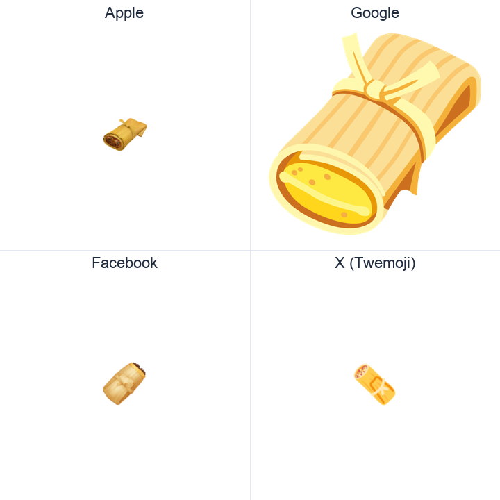 Tamale emoji in a square grid: Apple and Google on the top row, Facebook and X Twemoji on the bottom, on white.
