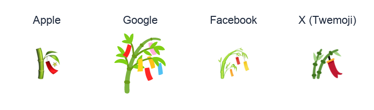 Tanabata Tree emoji artwork compared side by side for Apple, Google Noto, Facebook, and X Twemoji styles on white.