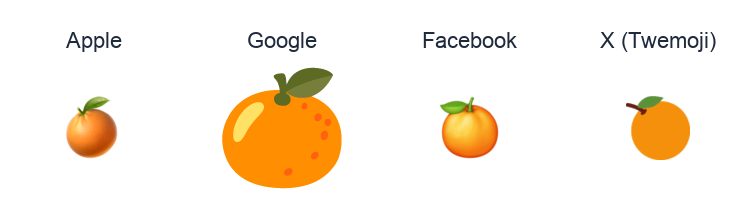 Tangerine emoji artwork compared side by side for Apple, Google Noto, Facebook, and X Twemoji styles on white.