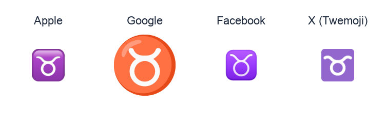 Taurus emoji artwork compared side by side for Apple, Google Noto, Facebook, and X Twemoji styles on white.