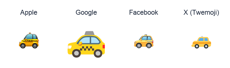 Taxi emoji artwork compared side by side for Apple, Google Noto, Facebook, and X Twemoji styles on white.