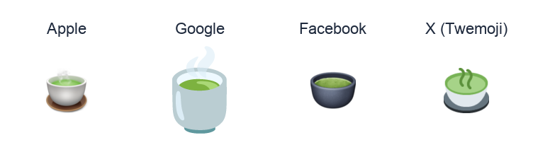 Teacup Without Handle emoji artwork compared side by side for Apple, Google Noto, Facebook, and X Twemoji styles on white.