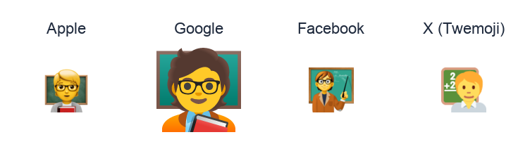 Teacher emoji artwork compared side by side for Apple, Google Noto, Facebook, and X Twemoji styles on white.