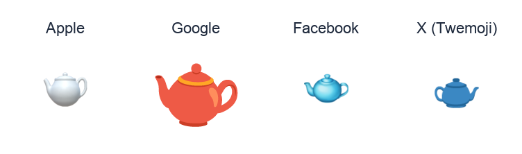 Teapot emoji artwork compared side by side for Apple, Google Noto, Facebook, and X Twemoji styles on white.