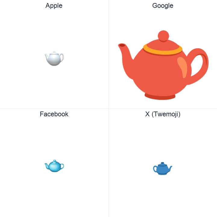 Teapot emoji in a square grid: Apple and Google on the top row, Facebook and X Twemoji on the bottom, on white.