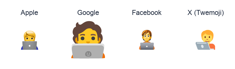 Technologist emoji artwork compared side by side for Apple, Google Noto, Facebook, and X Twemoji styles on white.