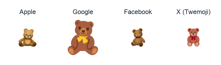 Teddy Bear emoji artwork compared side by side for Apple, Google Noto, Facebook, and X Twemoji styles on white.