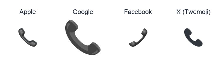 Telephone Receiver emoji artwork compared side by side for Apple, Google Noto, Facebook, and X Twemoji styles on white.