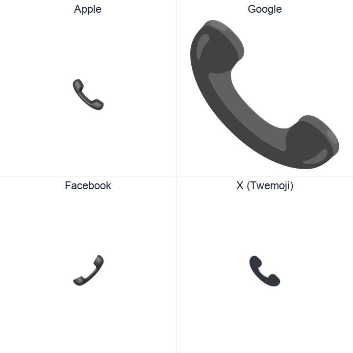 Telephone Receiver emoji in a square grid: Apple and Google on the top row, Facebook and X Twemoji on the bottom, on white.