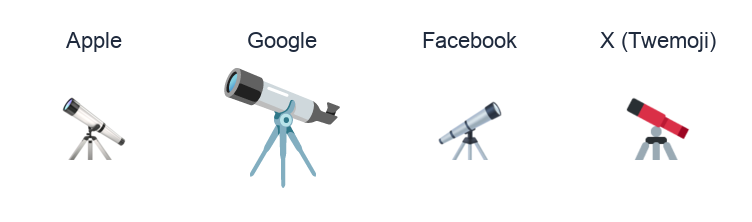 Telescope emoji artwork compared side by side for Apple, Google Noto, Facebook, and X Twemoji styles on white.