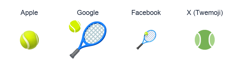 Tennis Racquet And Ball emoji artwork compared side by side for Apple, Google Noto, Facebook, and X Twemoji styles on white.